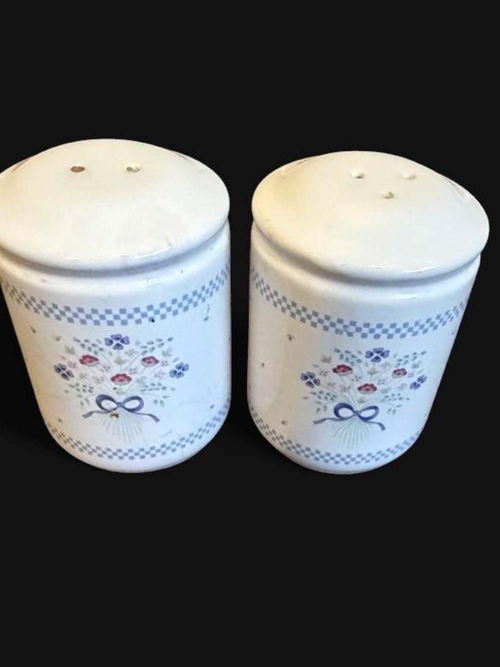 Vintage Floral Salt and Pepper Shakers - White with Blue Floral Motif